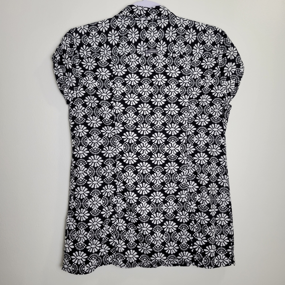 Columbia Geometric Abstract Cap Sleeves Floral Print Black Shirts M - Picture 2 of 8